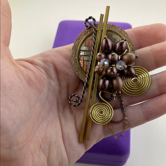 💛 Vintage Handmade Gold Crystal & Brown Pearl Brooch - Picture 5 of 5